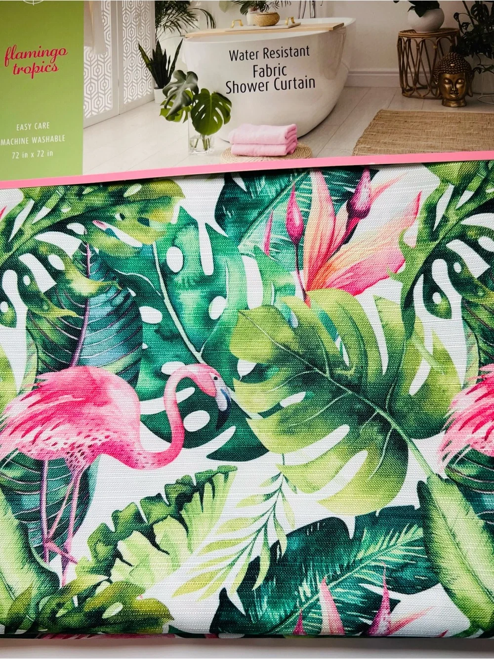 Flamingo Tropics Fabric Shower Curtain Tropical Pink Flamingos Green Leaves